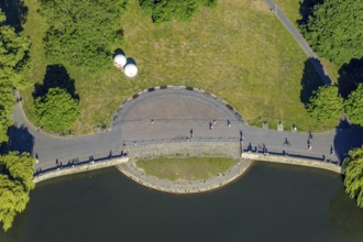 Aerial view, Aasee, sculpture Giant Pool Balls, Münster, Münsterland, North Rhine-Westphalia,