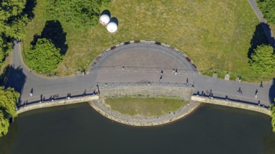 Aerial view, Aasee, sculpture Giant Pool Balls, Münster, Münsterland, North Rhine-Westphalia,