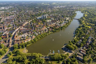 Aerial view, Aasee, Torminbrücke, sailing boats, overwater, Münster, Münsterland, North