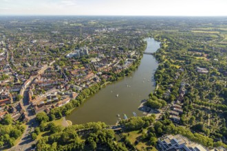 Aerial view, Aasee, Torminbrücke, sailing boats, overwater, Münster, Münsterland, North