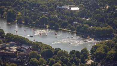 Aerial photo, sailing boats on the Aasee, Münster, Münsterland, North Rhine-Westphalia, Germany,