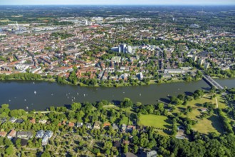 Aerial photograph, sailing boats on the Aasee, water tower, LVM Versicherung Zentrale, Westdeutsche