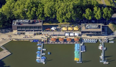 Aerial view, gastronomy at the Aasee, AASEE-AKTIV boats, sailing school Overschmidt, Pluggendorf,