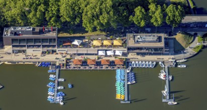 Aerial view, gastronomy at the Aasee, AASEE-AKTIV boats, sailing school Overschmidt, Pluggendorf,
