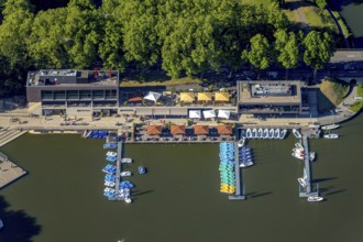 Aerial view, gastronomy at the Aasee, AASEE-AKTIV boats, sailing school Overschmidt, Pluggendorf,