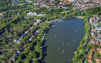 Aerial view, sailing boats on the Aasee, Aasee Park, Münster, Münsterland, North Rhine-Westphalia,