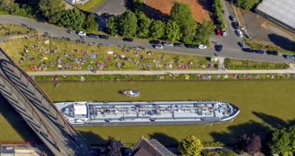 Aerial view, bathing at the canal, Dortmund-Ems canal, sunbathing lawn, sunbathing,