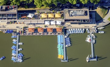 Aerial view, gastronomy at the Aasee, AASEE-AKTIV boats, sailing school Overschmidt, Pluggendorf,
