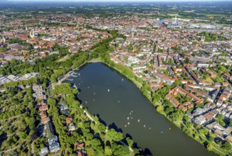 Aerial view, sailing boats on the Aasee, Aasee Park, old town view, cathedral, Münster,