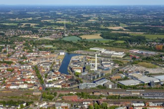 Aerial view, Stadthafen Münster, harbour promenade, harbour, Stadtwerke Münster, City of Münster -