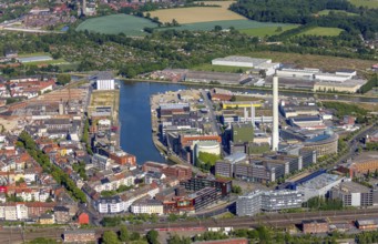 Aerial view, Stadthafen Münster, harbour promenade, harbour, Stadtwerke Münster, City of Münster -