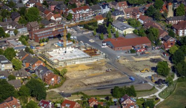 Aerial view, construction site new building flats on the site of the former nursery, catholic Alt