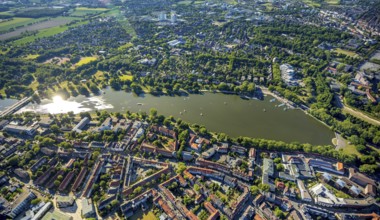 Aerial view, sailing boats on the Aasee, Aasee Park, Aaseeterrassen, Pluggendorf, Münster,