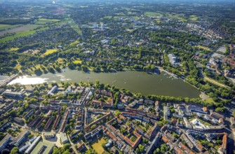 Aerial view, sailing boats on the Aasee, Aasee Park, Aaseeterrassen, Pluggendorf, Münster,