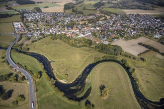 Aerial view, river Lippe, Lippe meadows, nature reserve, bridge Heintroper Straße over the Lippe,