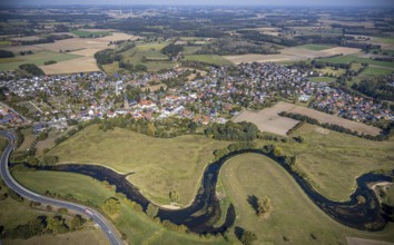 Aerial view, river Lippe, Lippe meadows, nature reserve, bridge Heintroper Straße over the Lippe,