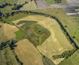 Aerial view, observation hut Disselmersch in the Lippe floodplains, river Lippe, Büninghausener