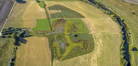 Aerial view, observation hut Disselmersch in the Lippe floodplains, river Lippe, Büninghausener