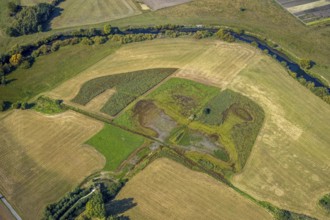 Aerial view, observation hut Disselmersch in the Lippe floodplains, river Lippe, Büninghausener