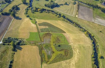 Aerial view, observation hut Disselmersch in the Lippe floodplains, river Lippe, Büninghausener