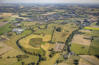 Aerial view, observation hut Disselmersch in the Lippe floodplains, river Lippe, Büninghausener