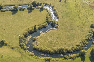 Aerial view, river Lippe, Lippe floodplains, nature reserve, Lippborg, Lippetal, district Soest,