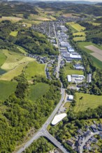 Aerial view, commercial area Bielefelder Straße, residential area Elspe, river Lenne, Trockenbrück,