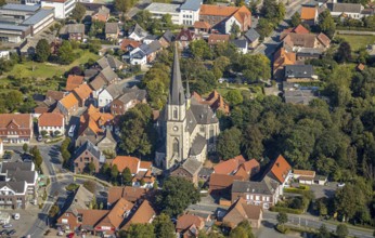 Aerial view, catholic church, pilgrimage basilica St. Ida, town centre Herzfeld, Lippetal, district