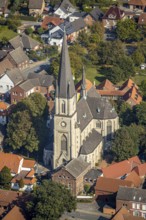 Aerial view, catholic church, pilgrimage basilica St. Ida, town centre Herzfeld, Lippetal, district