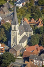 Aerial view, catholic church, pilgrimage basilica St. Ida, town centre Herzfeld, Lippetal, district