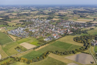Aerial view, local view Niederbauer, catholic church pilgrimage basilica St. Ida, Lippetal,