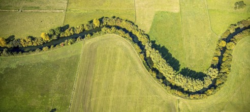 Aerial view, Lippe floodplains, river Lippe, Herzfeld, Lippe valley, Lippe meanders, Soest