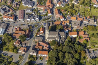 Aerial view, catholic church, pilgrimage basilica St. Ida, town centre Herzfeld, Lippetal, district