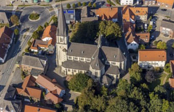 Aerial view, catholic church, pilgrimage basilica St. Ida, town centre Herzfeld, Lippetal, district