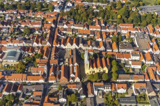 Aerial view, Old Town, Evang.Luth. church St. Nicolai, market place, town hall, Lemgo, East