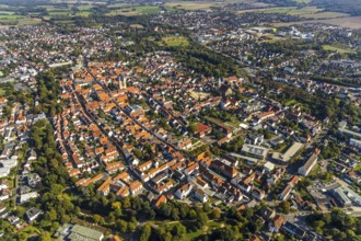 Aerial view, Old Town, Evang.Luth. church St. Nicolai, Lemgo, Ostwestfalen-Lippe, OWL, North
