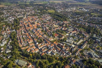 Aerial view, Old Town, Evang.Luth. church St. Nicolai, Lemgo, Ostwestfalen-Lippe, OWL, North
