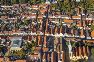 Aerial view, Old Town, Evang.Luth. church St. Nicolai, market place, town hall, Lemgo, East