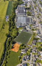 Aerial view, sports ground SSV Elspe, commercial area Elspe, Lennestadt, Sauerland, North