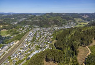 Aerial view, Lennestadt-Altenhundem railway station, Hundem Lenne Center, industrial area railway