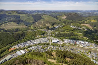 Aerial view, commercial area and residential area Altenhundem, Lennestadt, Sauerland, North