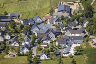 Aerial view, half-timbered houses in Sporke, Lennestadt, Sauerland, North Rhine-Westphalia,