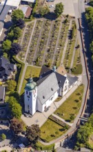 Aerial view, catholic church St. Jakobus der Ältere, cemetery Elspe, Elspe, Lennestadt, Sauerland,