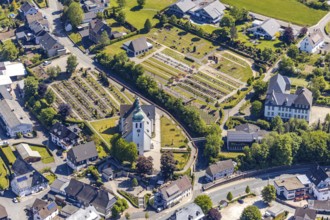 Aerial view, catholic church St. Jakobus der Ältere, cemetery Elspe, Elspe, Lennestadt, Sauerland,