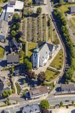 Aerial view, catholic church St. Jakobus der Ältere, cemetery Elspe, Elspe, Lennestadt, Sauerland,