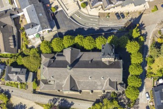 Aerial view, Catholic parish church of St. Agatha, Altenhundem, Lennestadt, Sauerland, North