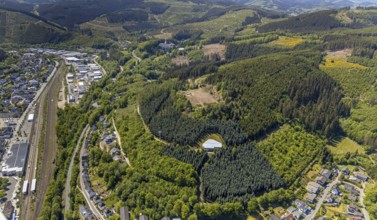 Aerial view, Lennestadt-Altenhundem railway station, construction site in the forest sports field