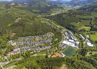 Aerial view, Langenei sports field, Fredeburger Straße commercial area, Langenei town view,
