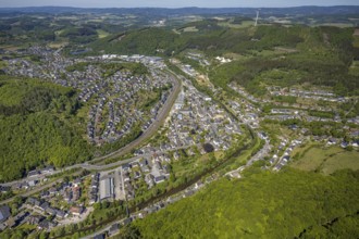 Aerial view, view of Meggen, Lennestadt-Meggen railway station, Rayonex Biomedical GmbH,