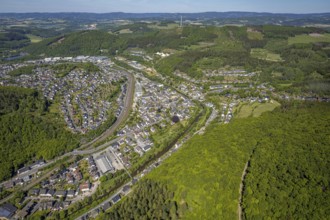 Aerial view, view of Meggen, Lennestadt-Meggen railway station, Rayonex Biomedical GmbH,